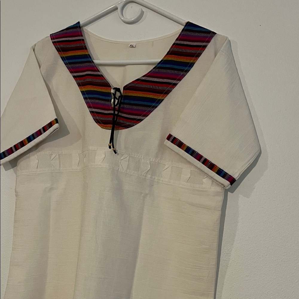 White cotton blouse with Colorful Trim Medium